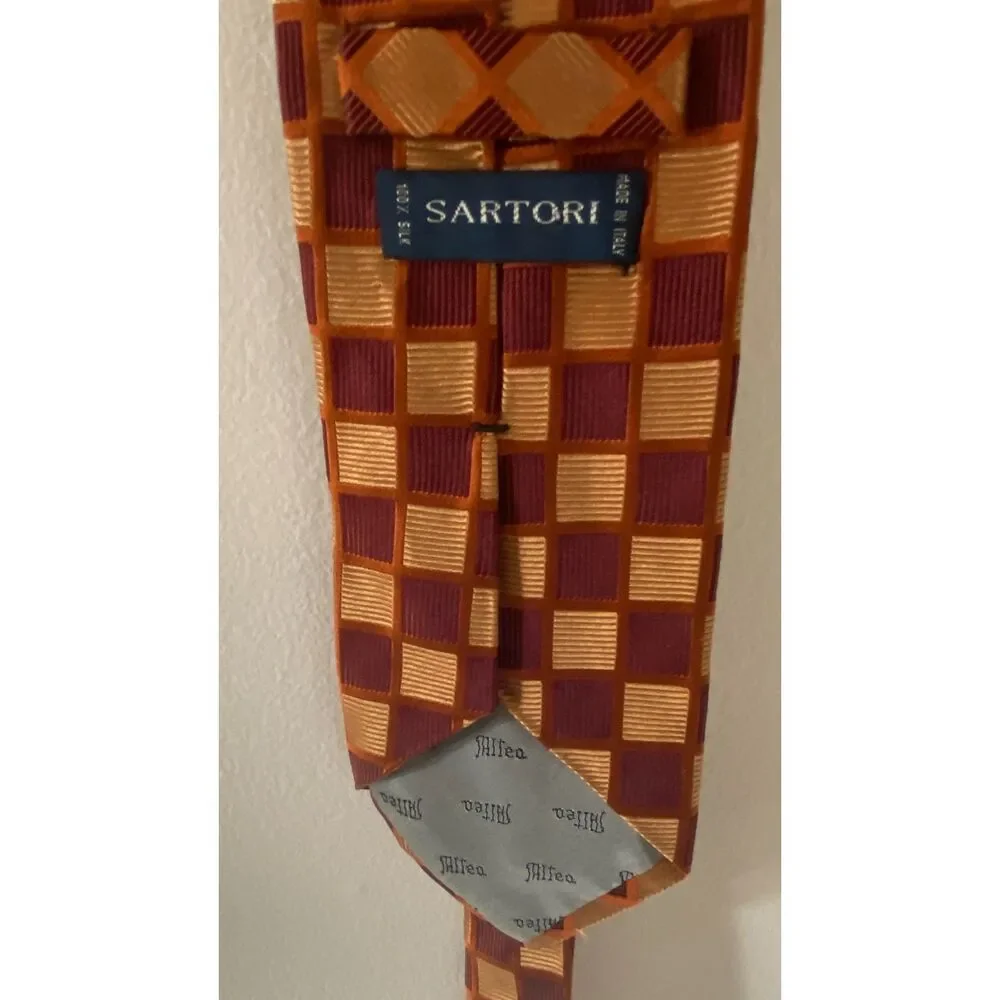Sartori 100% Silk Red Orange Checkered Men's Tie Made in Italy